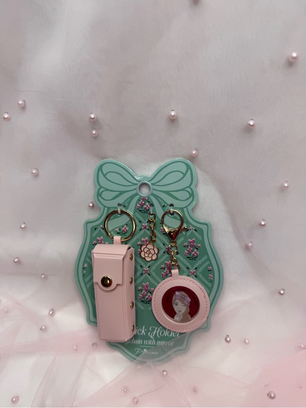 Pink Key & Card Holder Set with Mirror Charm
